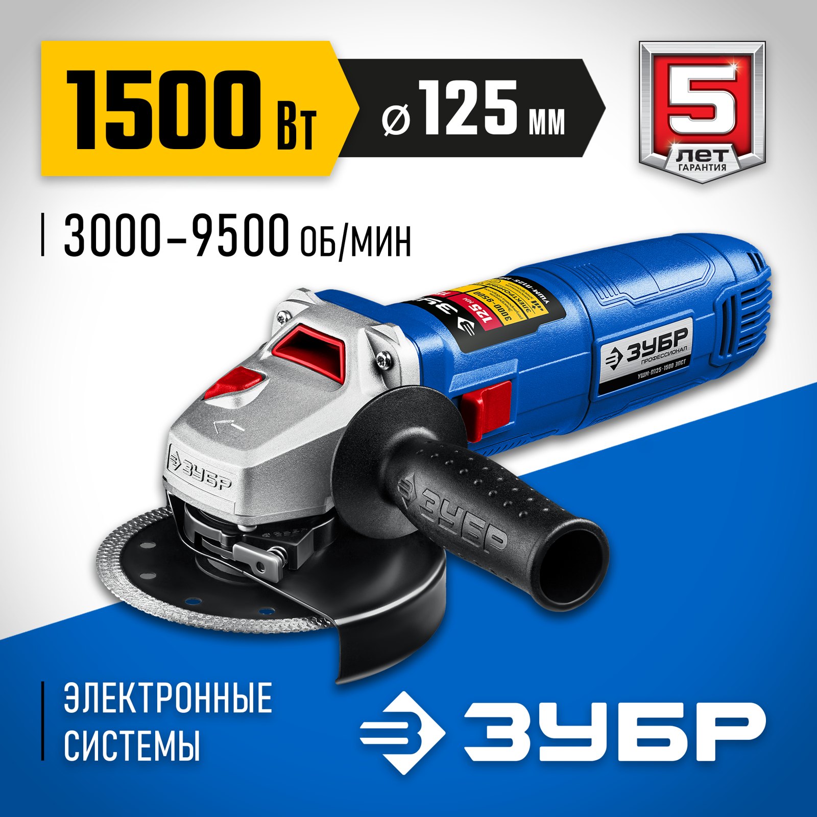 Угловая шлифмашина ЗУБР УШМ-П125-1500 ЭПСТ вид спереди