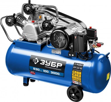 ЗУБР 530 л/мин, 100 л, 3000 Вт, ременной масляный компрессор, Профессионал (КПМ-530-100) — Официальный партнер ЗУБР в России