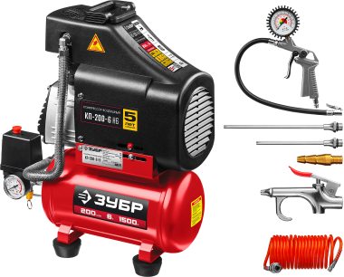 ЗУБР 200 л/мин, 6 л, 1500 Вт, 6 предметов, безмасляный компрессор (КП-200-6 Н6) — Официальный партнер ЗУБР в России