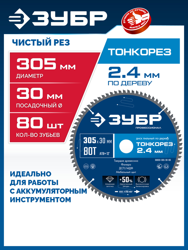 ЗУБР Тонкорез 305х30 x 2.4 мм, 80Т, диск пильный по дереву, тонкий рез, Профессионал (36933-305-30-80) фото 1 &mdash; Официальный партнер ЗУБР в России