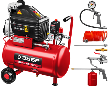 ЗУБР 200 л/мин, 24 л, 1500 Вт, 6 предметов, безмасляный компрессор (КП-200-24 Н6) — Официальный партнер ЗУБР в России