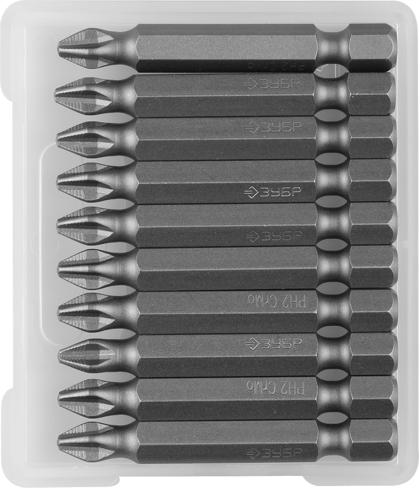 Биты ЗУБР "МАСТЕР" кованые, хромомолибденовая сталь, тип хвостовика E 1/4", PH2, 50мм, 10шт фото 1 — Официальный партнер ЗУБР в России