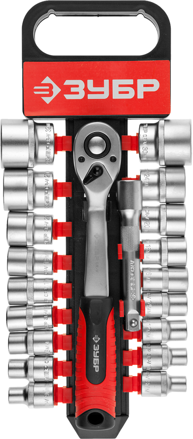 Набор ЗУБР &quot;МАСТЕР&quot;: Торцовые головки (1/2&quot;) на пластиковом рельсе, трещотка, удлинитель, Cr-V, 8-32мм, 20 предметов — Официальный партнер ЗУБР в России