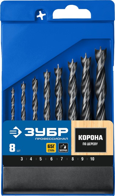 Набор спиральных сверл по дереву ЗУБР 8 шт., d = 3-4-5-6-7-8-9-10 мм, М-образная заточка, 29421-H8_z01 Профессионал — Официальный партнер ЗУБР в России