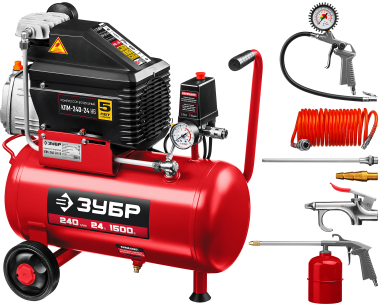 ЗУБР 240 л/мин, 24 л, 1500 Вт, 6 предметов, масляный компрессор (КПМ-240-24 Н6) — Официальный партнер ЗУБР в России