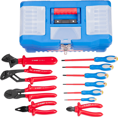 Набор: Губцевый инструмент, диэлектрический, высоковольтный до ~1000В, маслобензостойкая рукоятка, 12предм, ЗУБР Профессионал 2214-H12_z01 — Официальный партнер ЗУБР в России