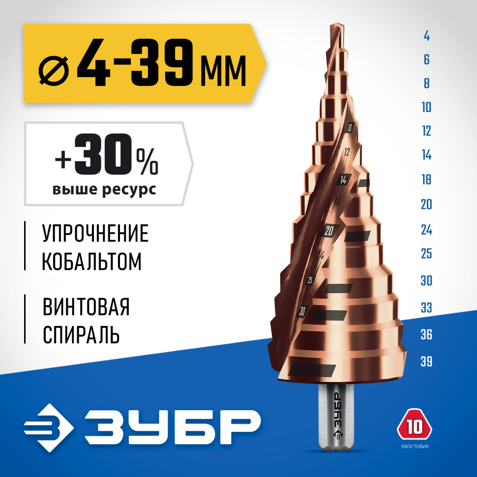 ЗУБР КОБАЛЬТ 4-39 мм, 14 ступеней, винтовая проточка, сверло ступенчатое, Профессионал (29674-4-39-14) фото 1 &mdash; Официальный партнер ЗУБР в России