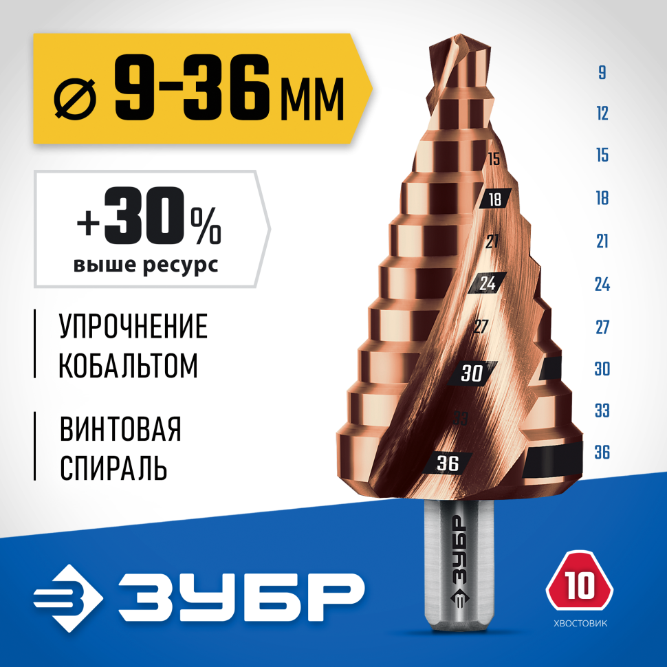 ЗУБР КОБАЛЬТ 9-36 мм, 10 ступеней, винтовая проточка, сверло ступенчатое, Профессионал (29674-9-36-10) фото 1 &mdash; Официальный партнер ЗУБР в России