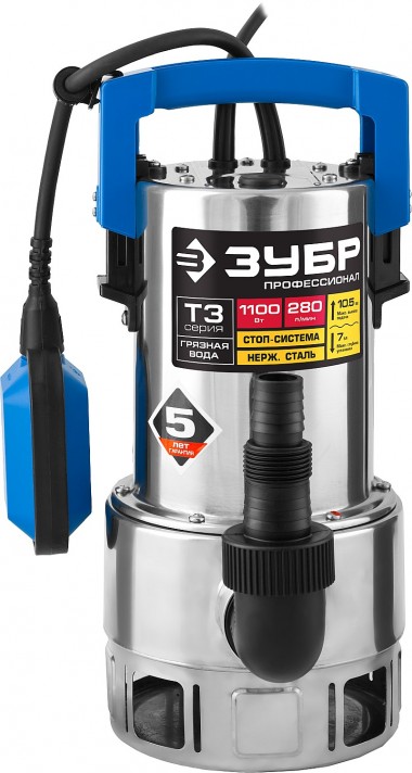 ЗУБР 1100 Вт, дренажный насос для грязной воды, корпус - нерж. сталь, Профессионал (НПГ-Т3-1100-С) — Официальный партнер ЗУБР в России