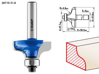 Фреза кромочная калевочная №8, D= 31,8мм, рабочая длина-13мм, радиус-4,8мм, хв.-8мм, d-12,7мм, ЗУБР Профессионал — Официальный партнер ЗУБР в России