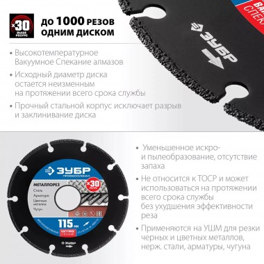 ЗУБР МЕТАЛЛОРЕЗ 115 мм, вакуумное спекание, алмазный диск по металлу, Профессионал (36662-115) — Официальный партнер ЗУБР в России