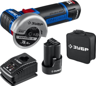 Углошлифовальная машина ЗУБР, 12В бесщеточная, 2 АКБ (2Ач), в сумке, серия &quot;Профессионал&quot; AB-76-22 — Официальный партнер ЗУБР в России
