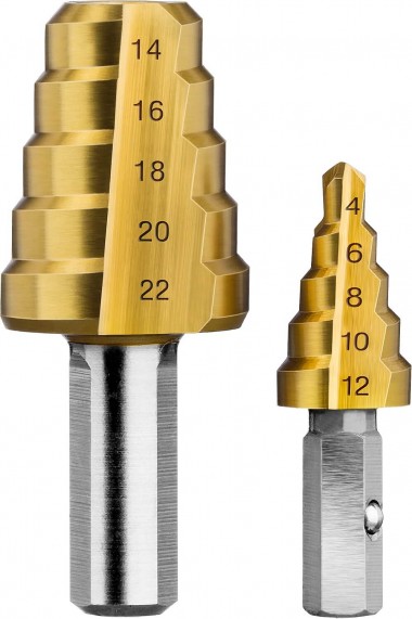 Сверло ступенчатое 2-х модульное по сталям и цвет. мет., ст. Р6М5 с покрытием TiN, 4-35(4-12, 16-35), 14 ступ., трехгран. хв., ЗУБР "ПРОФЕССИОНАЛ" &mdash; Официальный партнер ЗУБР в России