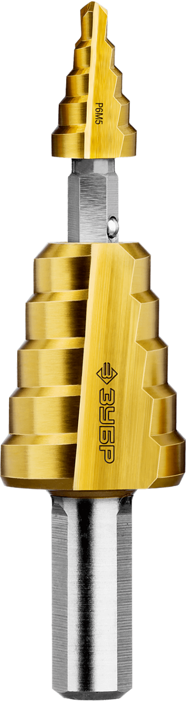 Сверло ступенчатое 2-х модульное по сталям и цвет. мет., ст. Р6М5 с покрытием TiN, 4-35(4-12, 16-35), 14 ступ., трехгран. хв., ЗУБР "ПРОФЕССИОНАЛ" &mdash; Официальный партнер ЗУБР в России