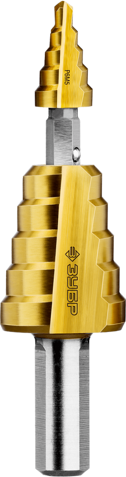 Сверло ступенчатое 2-х модульное по сталям и цвет. мет., ст. Р6М5 с покрытием TiN, 4-35(4-12, 16-35), 14 ступ., трехгран. хв., ЗУБР "ПРОФЕССИОНАЛ" фото 1 &mdash; Официальный партнер ЗУБР в России