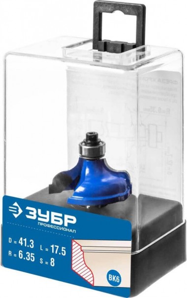 Фреза кромочная калевочная №5, D= 41,3мм, рабочая длина-17,5мм, радиус-6,35мм, хв.-8мм, d-12,7мм, ЗУБР Профессионал — Официальный партнер ЗУБР в России