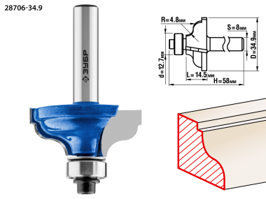 Фреза кромочная калевочная №5, D= 34,9мм, рабочая длина-14,5мм, радиус-4,8мм, хв.-8мм, d-12,7мм, ЗУБР Профессионал — Официальный партнер ЗУБР в России