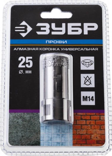 Коронка алмазная универсальная, технология ВВС, d=25 мм, посадка М14, ЗУБР Профессионал 29865-25 — Официальный партнер ЗУБР в России