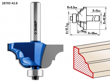 Фреза кромочная калевочная №4, D= 42,8мм, рабочая длина-19мм, радиус-6,3мм, хв.-8мм, d-12,7мм, ЗУБР Профессионал — Официальный партнер ЗУБР в России