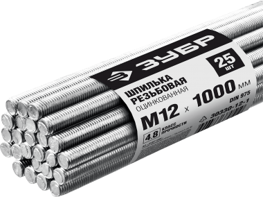 Шпилька резьбовая DIN 975, М12x1000мм, 25 шт, класс прочности 4.8, оцинкованная, ЗУБР — Официальный партнер ЗУБР в России