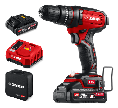 ЗУБР 20 В, 40 Н·м, 2 АКБ LMS (2 А·ч), ударная дрель-шуруповерт, сумка (ДШУ-40-22) — Официальный партнер ЗУБР в России