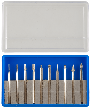 Набор ЗУБР: Мини-насадки с алмазным напылением в пластиковом боксе, P=180, хвостовик d=3мм, 10 предметов — Официальный партнер ЗУБР в России