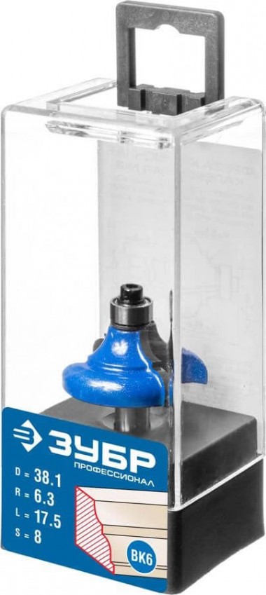 Фреза кромочная калевочная №3, D= 38,1мм, рабочая длина-17,5мм, радиус-6,3мм, хв.-8мм, d-9,5мм, ЗУБР Профессионал — Официальный партнер ЗУБР в России
