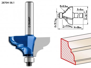 Фреза кромочная калевочная №3, D= 38,1мм, рабочая длина-17,5мм, радиус-6,3мм, хв.-8мм, d-9,5мм, ЗУБР Профессионал — Официальный партнер ЗУБР в России