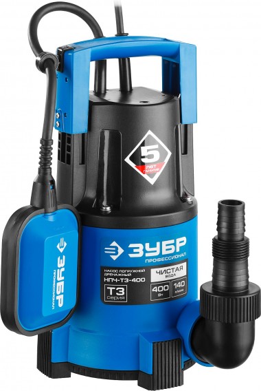 Насос Т3 погружной, ЗУБР Профессионал НПЧ-Т3-400, дренажный для чистой воды (d частиц до 5мм), 400Вт, пропуск. способ. 140л/мин, напор 8м,провод 10м — Официальный партнер ЗУБР в России
