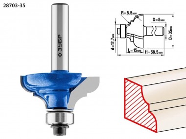 Фреза кромочная калевочная №3, D= 35мм, рабочая длина-15мм, радиус-5,5мм, хв.-8мм, d-12,7мм, ЗУБР Профессионал — Официальный партнер ЗУБР в России