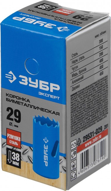 Коронка биметаллическая d-29мм, быстрорежущая сталь, глубина сверления до 38мм, ЗУБР 29531-029_z01 — Официальный партнер ЗУБР в России