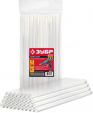 Универсальные клеевые стержни ЗУБР &quot;Профессионал&quot; 34 шт., 1 кг, 11 мм х 300 мм (11-12 мм), прозрачные 06854-34 — Официальный партнер ЗУБР в России