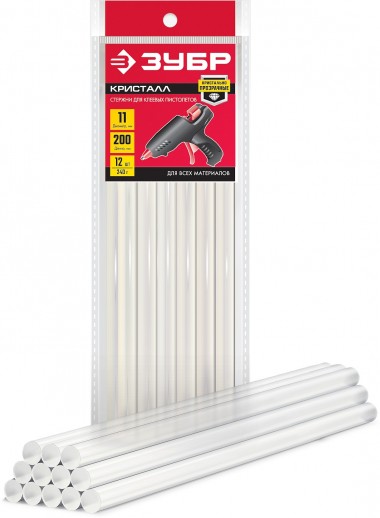 Универсальные клеевые стержни ЗУБР &quot;Профессионал&quot; 12 шт., 240 г, 11 мм х 200 мм (11-12 мм), прозрачные, 06854-12 — Официальный партнер ЗУБР в России