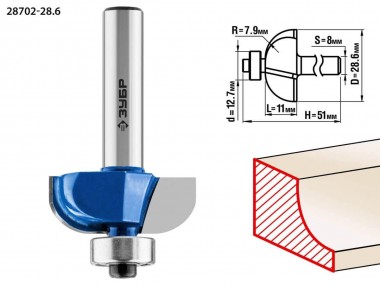 Фреза кромочная калевочная №2, D= 28,6мм, рабочая длина-11мм, радиус-7,9мм, хв.-8мм, d-12,7мм, ЗУБР Профессионал — Официальный партнер ЗУБР в России
