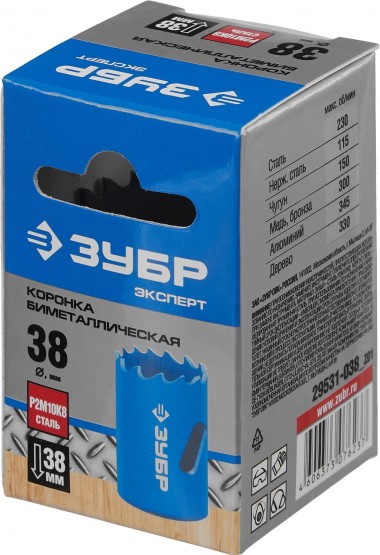 Коронка биметаллическая d-38мм, быстрорежущая сталь, глубина сверления до 38мм, ЗУБР 29531-038_z01 — Официальный партнер ЗУБР в России