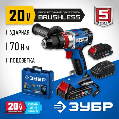 Ударная дрель-шуруповерт ЗУБР 20 В, бесщеточная, 2 АКБ (2Ач), в кейсе, DBS-201-22 Профессионал — Официальный партнер ЗУБР в России