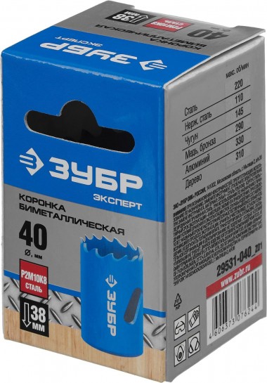 Коронка биметаллическая d-40мм, быстрорежущая сталь, глубина сверления до 38мм, ЗУБР 29531-040_z01 — Официальный партнер ЗУБР в России