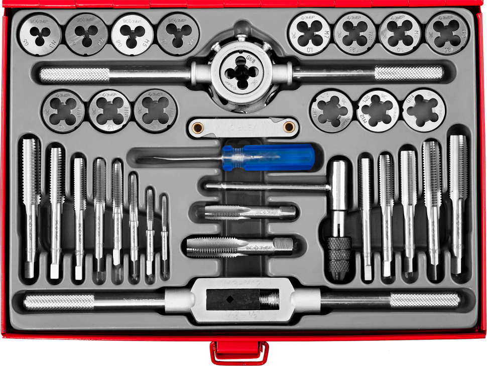 Набор метчиков и плашек №3 ЗУБР "МАСТЕР", 35 предметов 28117-H35_z01 фото 1 — Официальный партнер ЗУБР в России