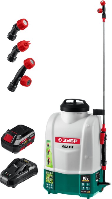 Опрыскиватель аккумуляторный ЗУБР 18 В, Li-Ion, 10 л бак, 1 АКБ (4А/ч), ОПЛ-10-41 Мастер — Официальный партнер ЗУБР в России
