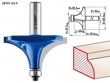 Фреза кромочная калевочная №1, D= 63,5мм, рабочая длина-32мм, радиус-25мм, хв.-12мм, d-12,7мм, ЗУБР Профессионал — Официальный партнер ЗУБР в России