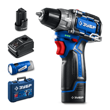 ЗУБР Набор: бесщеточная дрель-шуруповерт КОМПАКТ, LED фонарь, 2 АКБ (2 А∙ч), кейс, Профессионал (DB-121-22F) — Официальный партнер ЗУБР в России