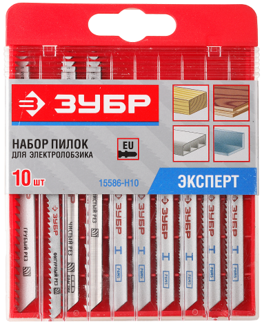 Набор ЗУБР &quot;ЭКСПЕРТ&quot; Полотна для эл/лобзика, по дереву, металлу, цветному металлу, EU-хвост., пласт. бокс,10шт — Официальный партнер ЗУБР в России