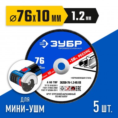 Набор кругов отрезных по металлу ЗУБР 5 шт., 76х1.2х10 мм, &quot;ПРОФЕССИОНАЛ&quot; 36200-76-1.2-H5_z03 — Официальный партнер ЗУБР в России