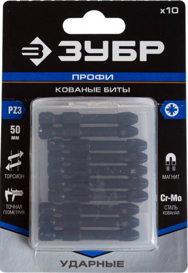 Биты ЗУБР &quot;ПРОФИ&quot; Pozidrive, тип хвостовика E 1/4&quot;, PZ3, 50мм, 10шт, в пластиковом боксе, на карточке — Официальный партнер ЗУБР в России