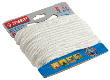 Шнур ЗУБР полиамидный, плетеный, повышенной нагрузки, с сердечником, белый, d 6, 20м — Официальный партнер ЗУБР в России