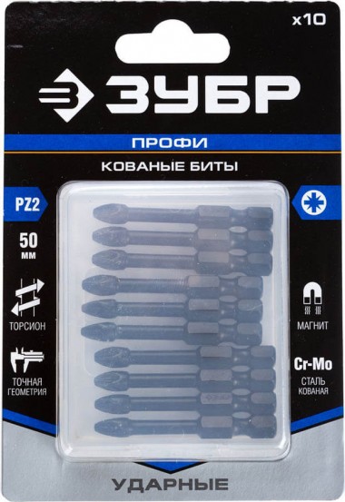 Биты ЗУБР &quot;ПРОФИ&quot; Pozidrive, тип хвостовика E 1/4&quot;, PZ2, 50мм, 10шт, в пластиковом боксе, на карточке — Официальный партнер ЗУБР в России