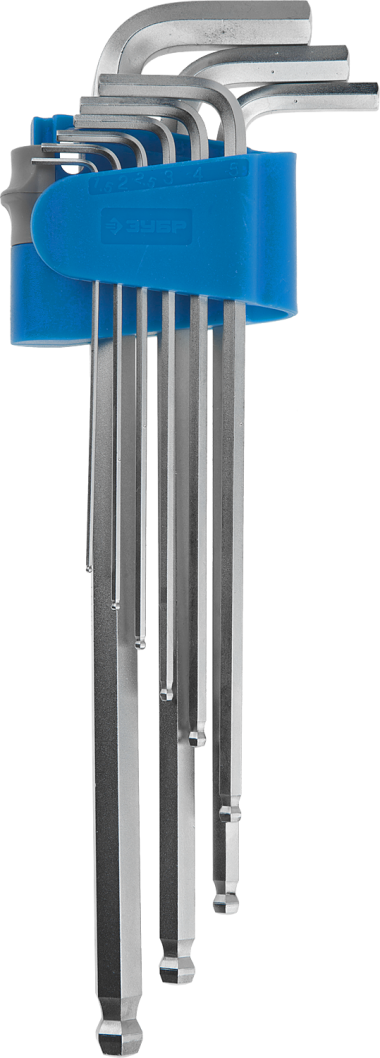 Набор ключей имбусовых ЗУБР &quot;ЭКСПЕРТ&quot; длинные с шариком, Cr-Mo, сатинир покрытие, эргоном держатель, HEX 1, 5 - 10 мм, 9шт, 27466-H9 — Официальный партнер ЗУБР в России