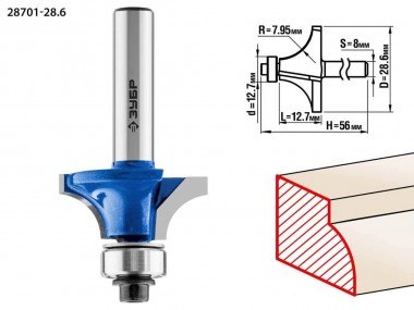 Фреза кромочная калевочная №1, D= 28,6мм, рабочая длина-12,7мм, радиус-7,95мм, хв.-8мм, d-12,7мм, ЗУБР Профессионал — Официальный партнер ЗУБР в России