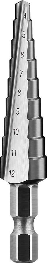 Сверло ступенчатое ЗУБР 4-12мм, 9 ступеней, L-65мм, Р6М5, HEX 1/4&quot;, &quot;ПРОФЕССИОНАЛ&quot; 29670-4-12-9_z01 — Официальный партнер ЗУБР в России
