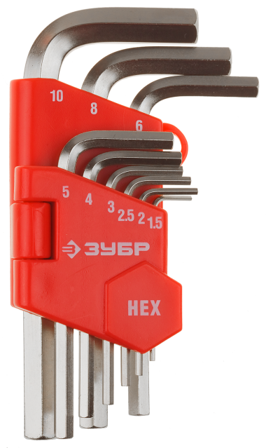 Набор ЗУБР Ключи &quot;МАСТЕР&quot; имбусовые короткие, Cr-V, сатинированное покрытие, пластик. держатель, HEX 1,5-10мм, 9 предм., 27460-1_z02 — Официальный партнер ЗУБР в России